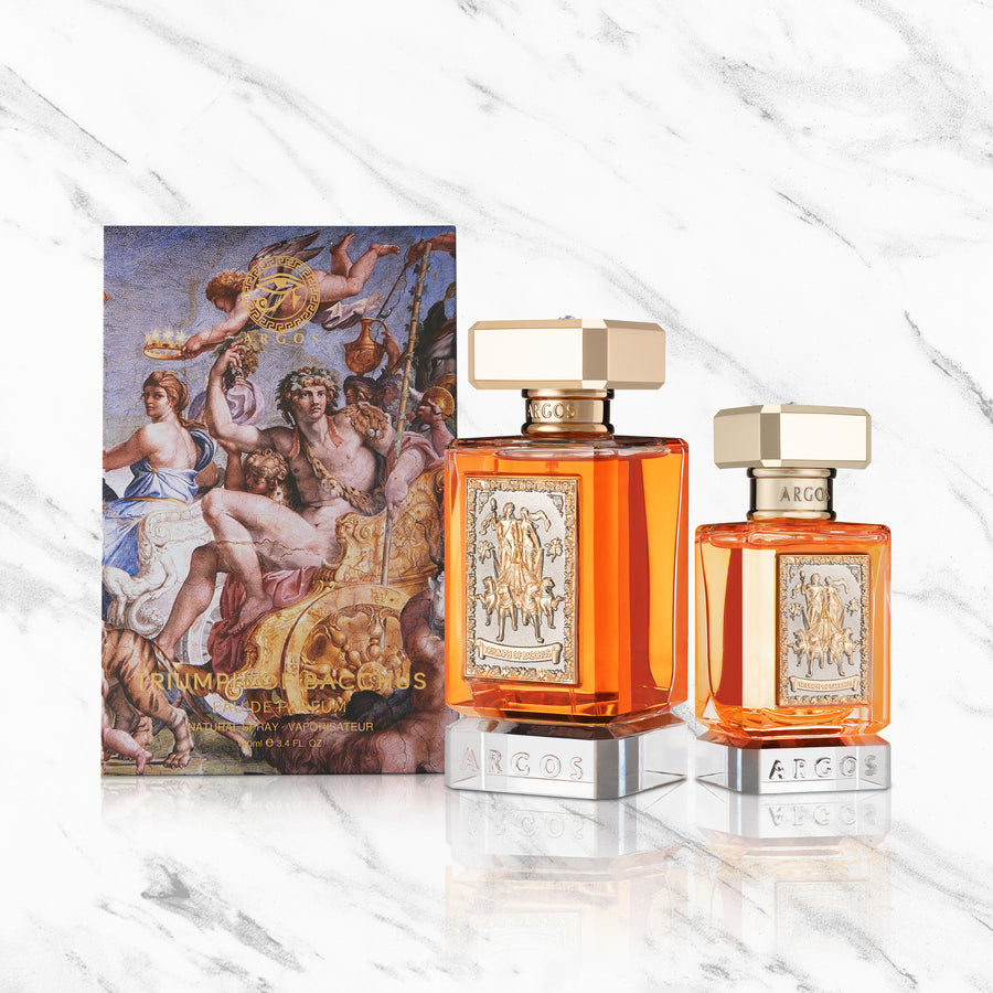 Argos Triumph of Bacchus New Crystal Added 100ml and 30ml Perfume with White Marble Background